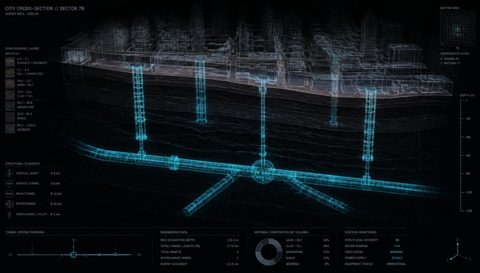 Technical cutaway of a city showing a deep tunnel and shafts beneath the streets